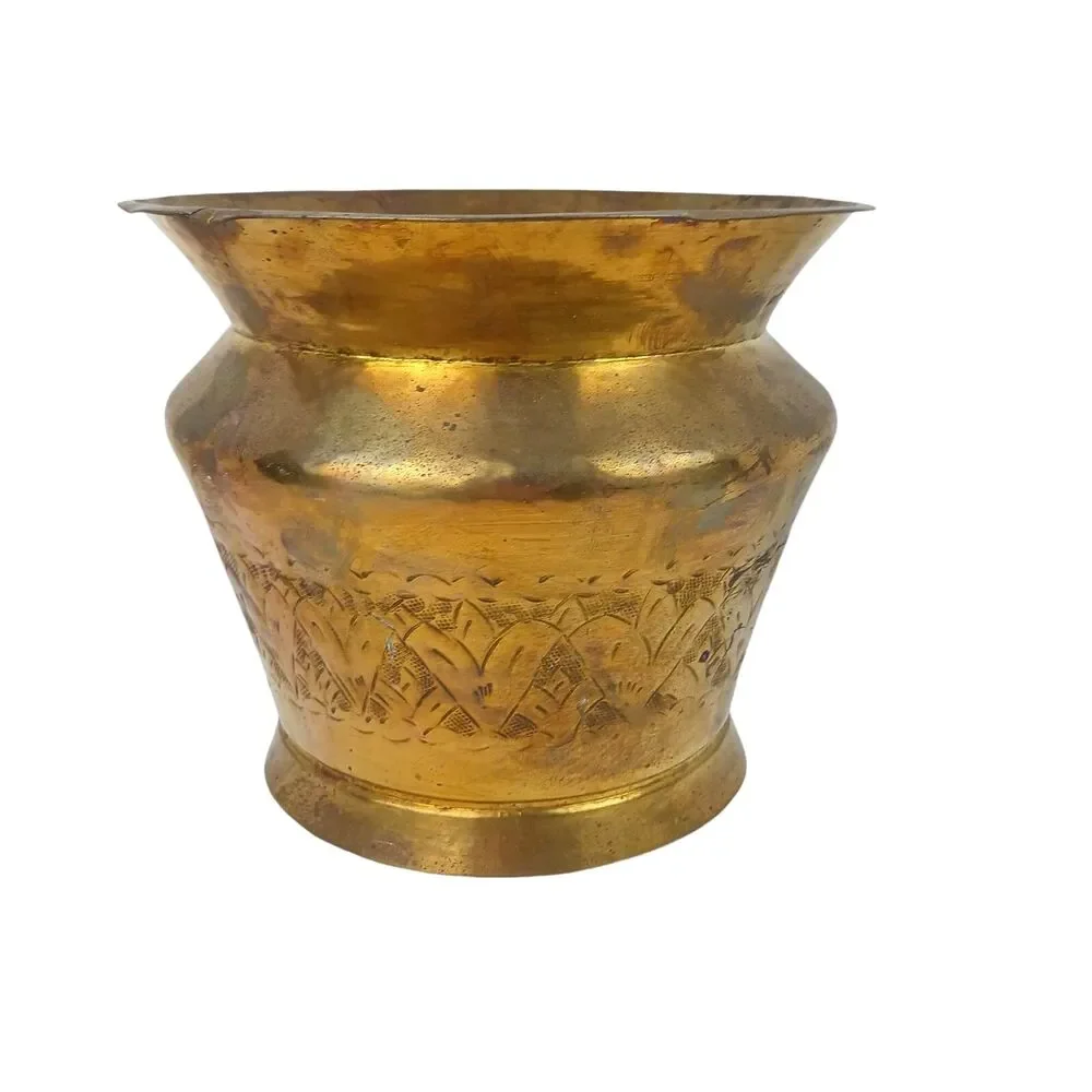 Etched Brass Planter Vase Floral Design Decorative Metal Home Decor 7